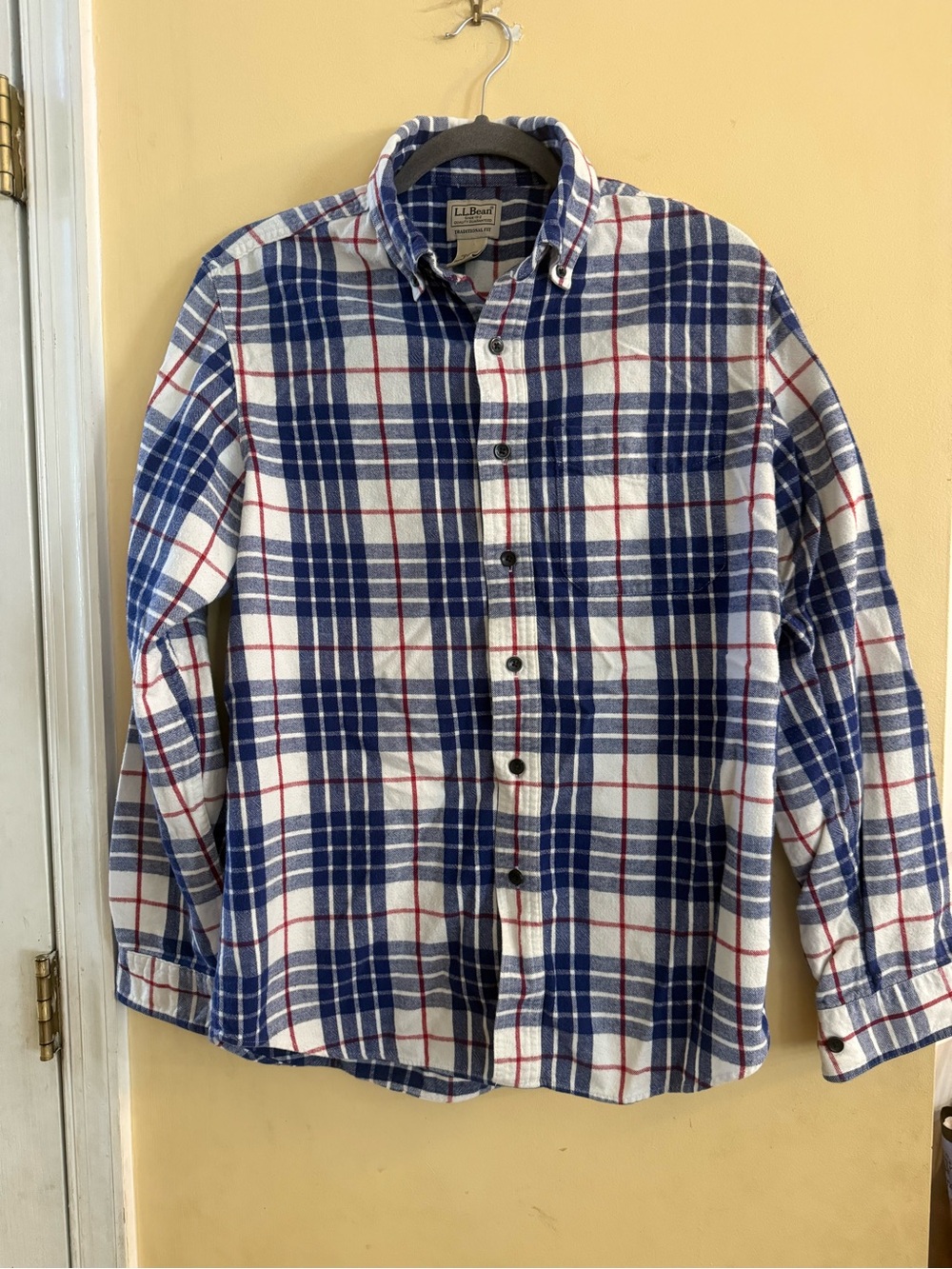 L.L. Bean White, Blue & Red Plaid Button-Down Shirt, small